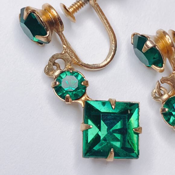 VTG 1940s 1950s Screw Back Earrings Green Rhinestone Cocktail Mid Century - Picture 5 of 9